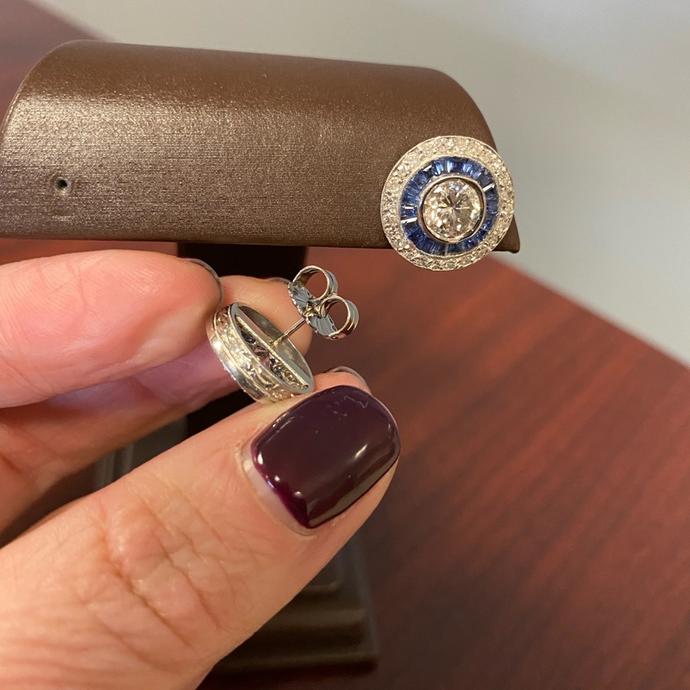 Vintage Platinum 2.70ctw Diamond & Sapphire Halo Earrings - Picture 7 of 10